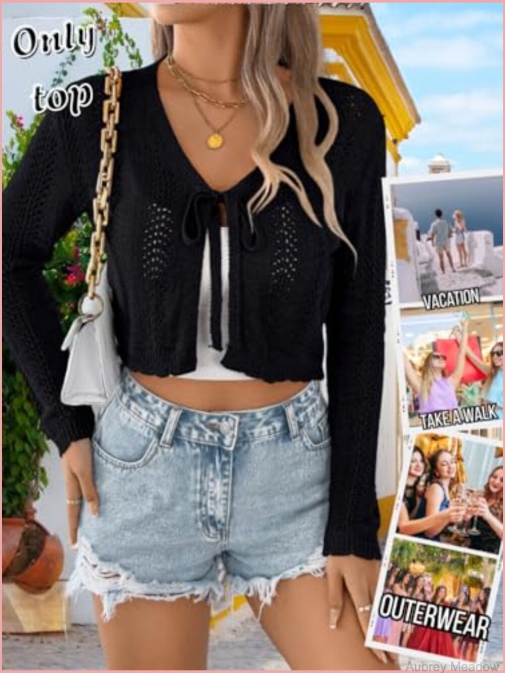 Lightweight Cropped Crochet Cardigan Tie Front V-Neck Hollow Out Knit Top - Picture 3 of 7